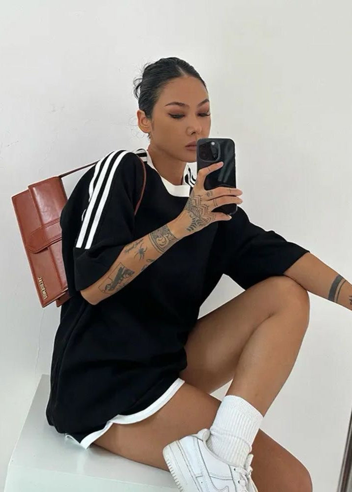 Nova Stripe Set – Black Relaxed Tee & High-Waisted Drawstring Shorts