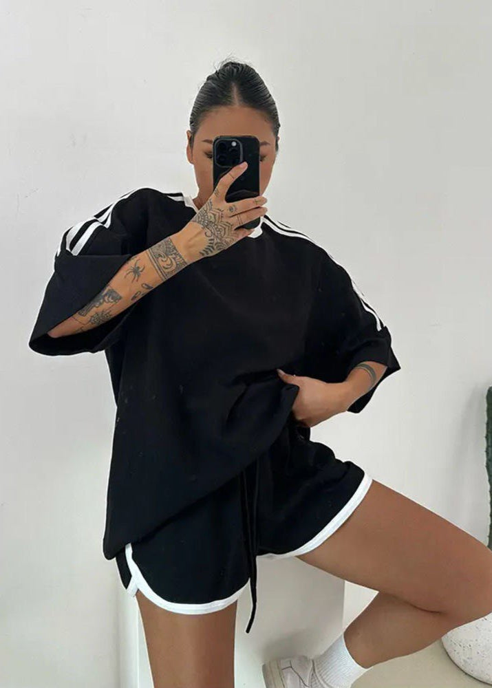 Nova Stripe Set – Black Relaxed Tee & High-Waisted Drawstring Shorts