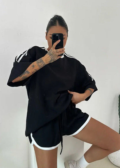 Nova Stripe Set – Black Relaxed Tee & High-Waisted Drawstring Shorts