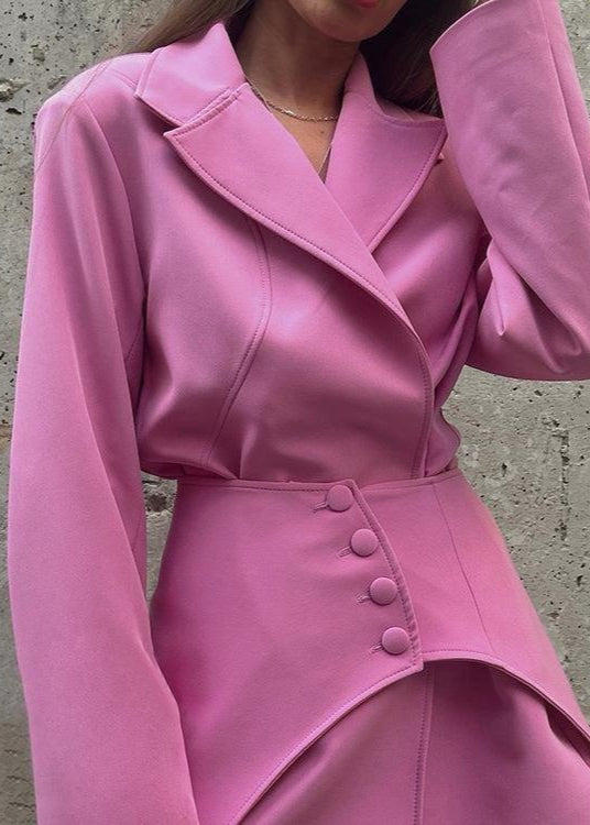 Zenia Tailored Set – Asymmetric Buttoned Blazer & Mini Shorts in Pink