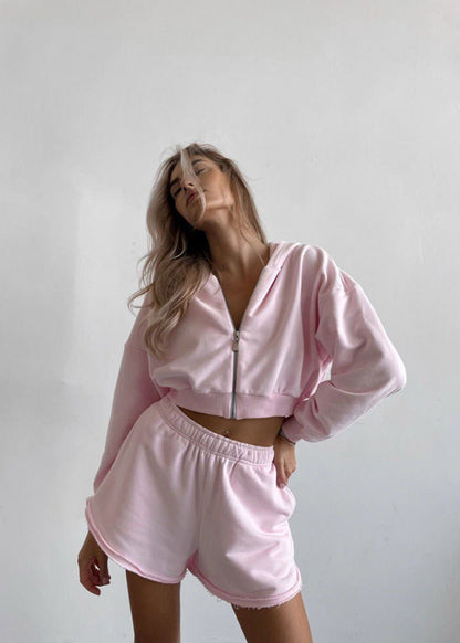 Heather Zip Hoodie & Raw Hem Shorts Set - Light Gray