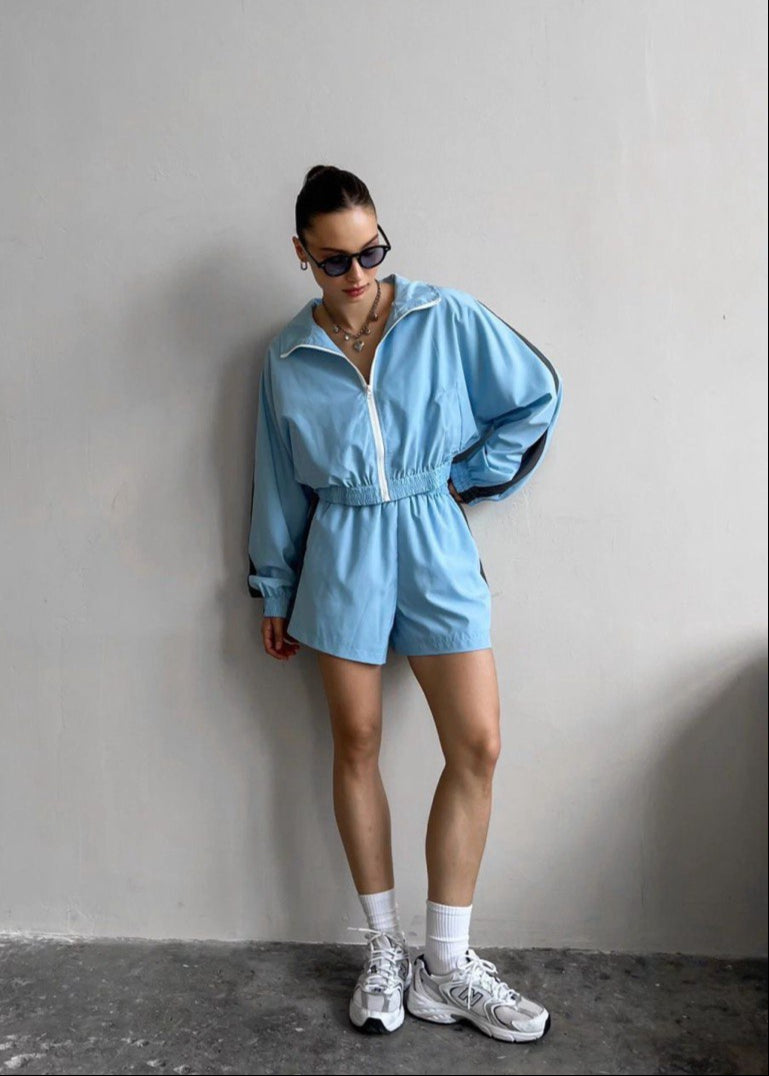 Skyline Zip-Up Active Romper - Light Blue Windbreaker Set