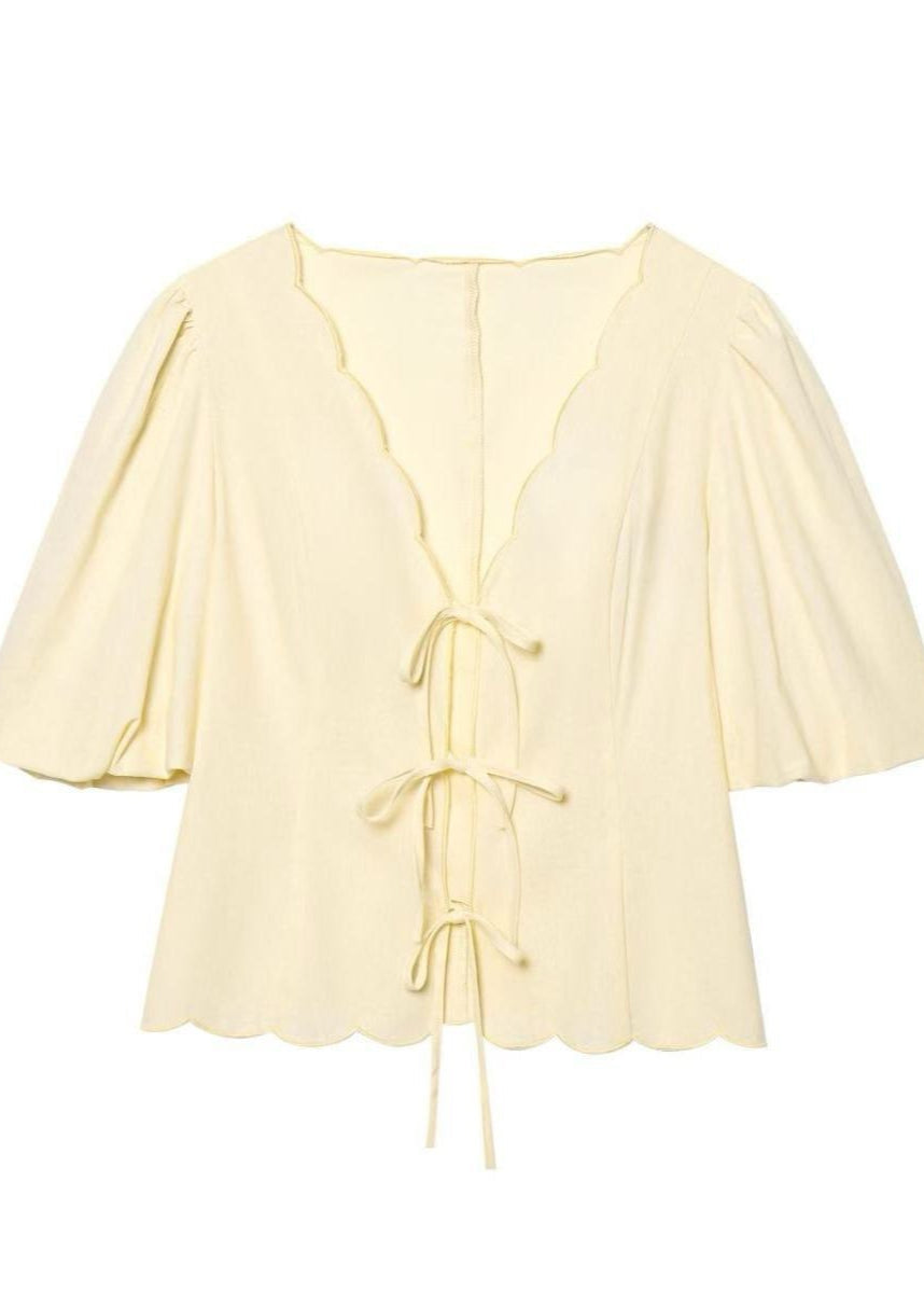 Limonetta - Scalloped Tie-Front Blouse & Wide-Leg Pants Set