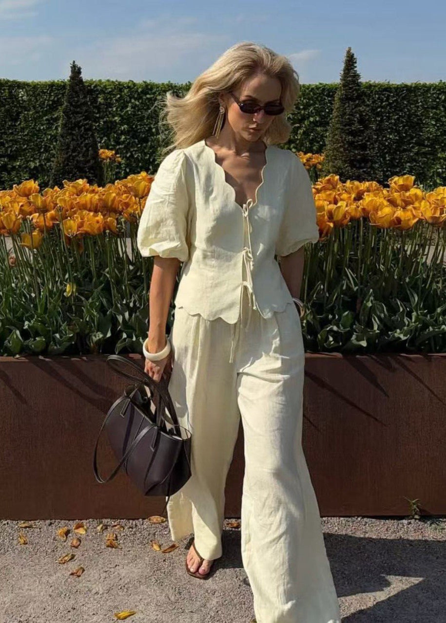Limonetta - Scalloped Tie-Front Blouse & Wide-Leg Pants Set