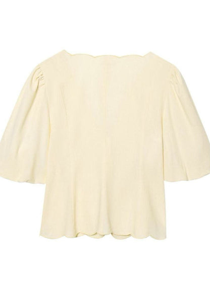 Limonetta - Scalloped Tie-Front Blouse & Wide-Leg Pants Set