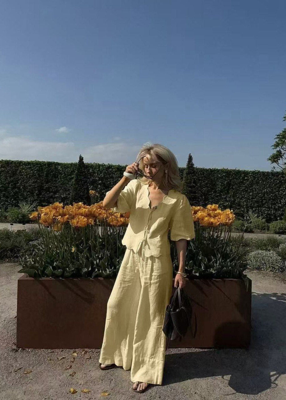 Limonetta - Scalloped Tie-Front Blouse & Wide-Leg Pants Set