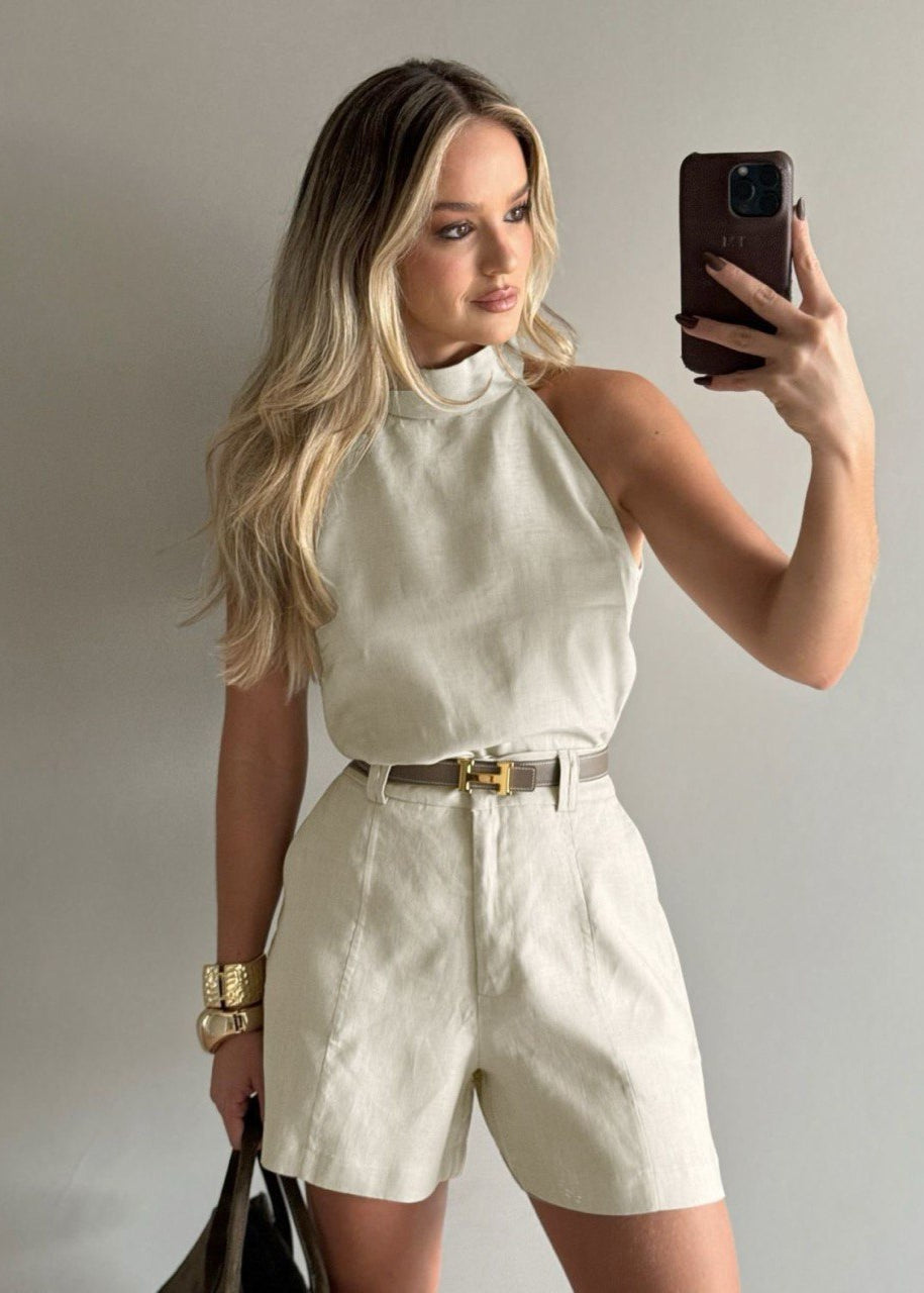 Sahara Halter Linen-Blend Shorts Set