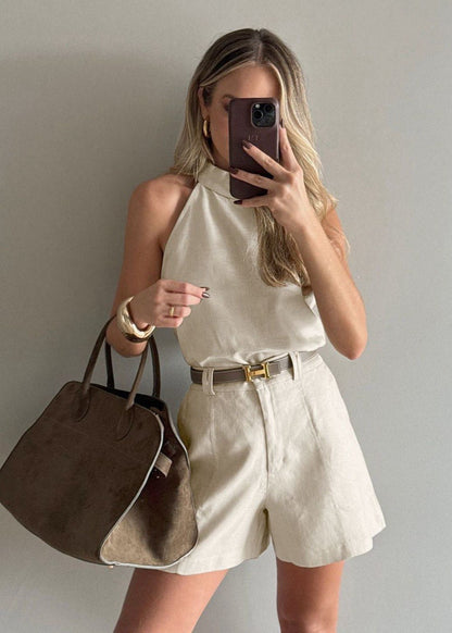Sahara Halter Linen-Blend Shorts Set