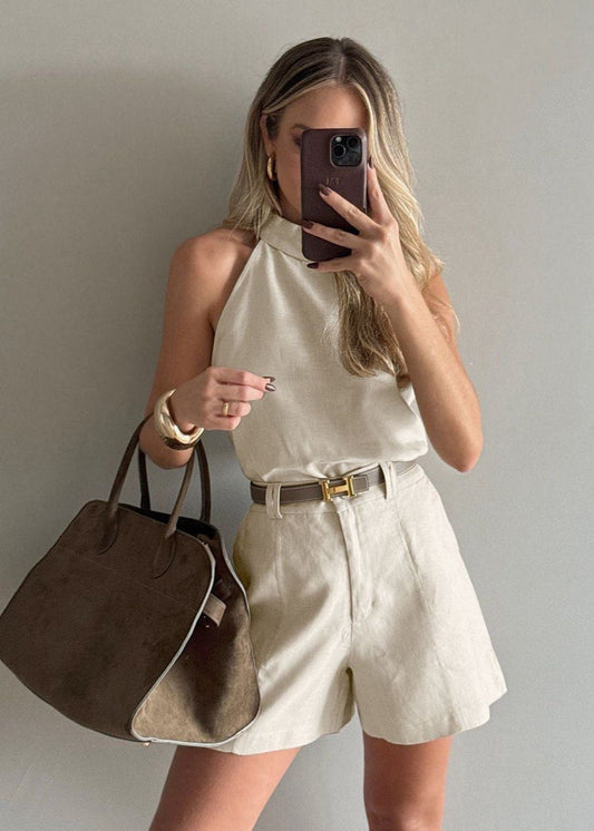 Sahara Halter Linen-Blend Shorts Set