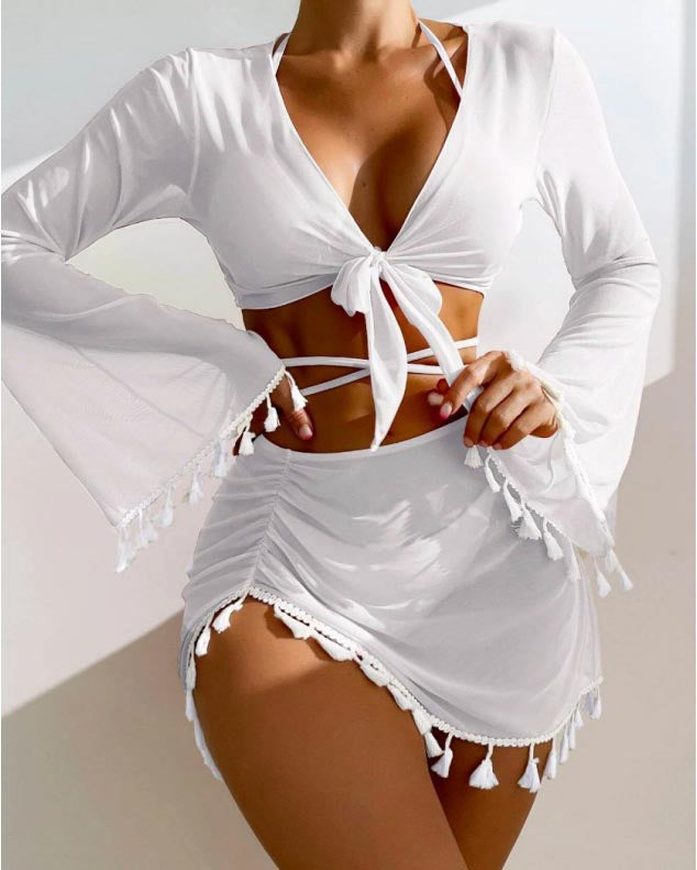 Tassel Cover-up Mesh Miniskirt Bikini