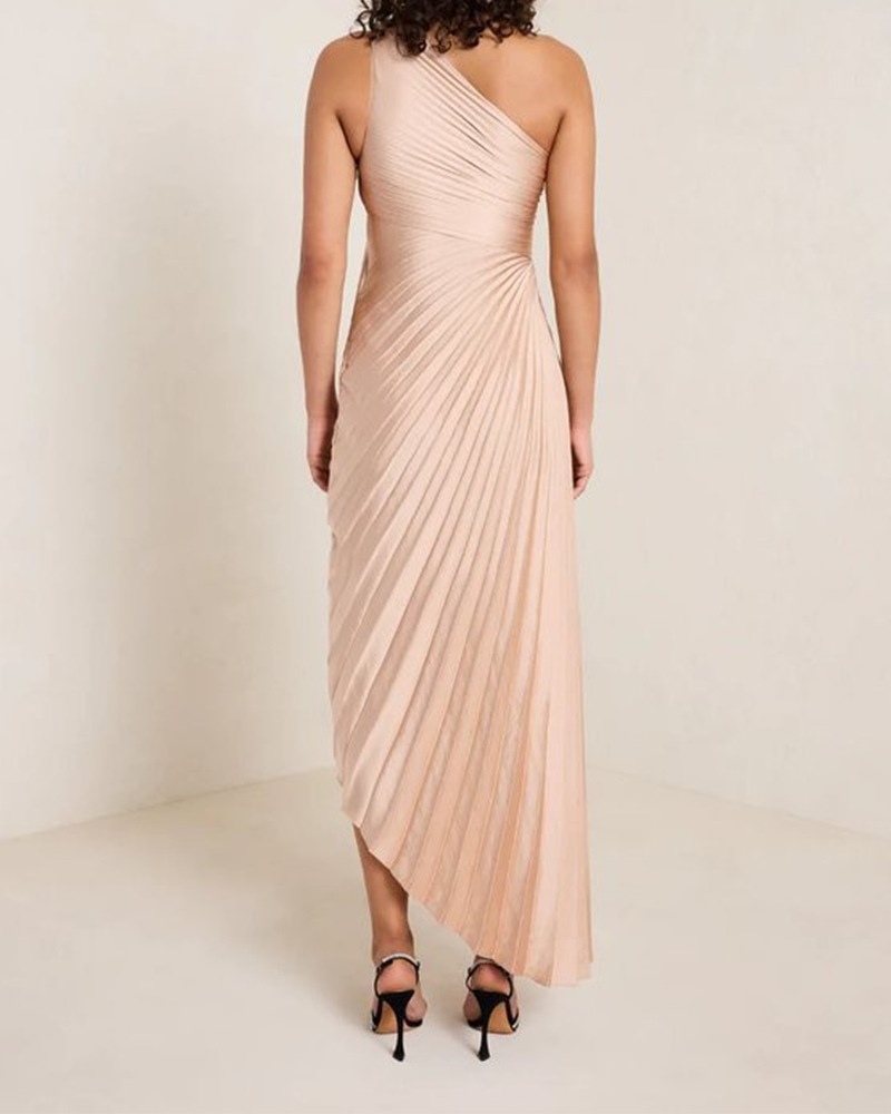 One-Shoulder Pleated Satin Dress