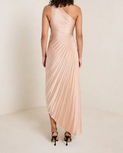 One-Shoulder Pleated Satin Dress