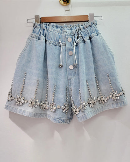 Diamond Beaded High Waist Loose Skinny Denim Wide Leg Shorts