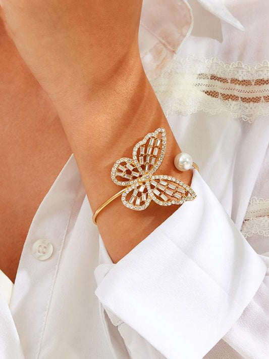 Rhinestone Butterfly & Faux Pearl Decor Cuff Bracelet 1pc for Women