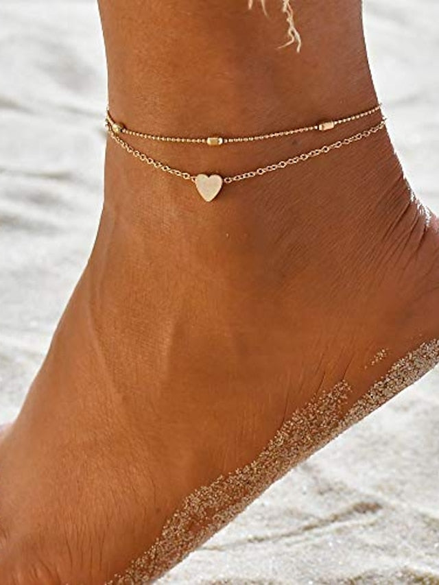 layered anklets women heart gold ankle bracelet charm beaded dainty foot jewelry for women and teen girls summer barefoot beach anklet for Women