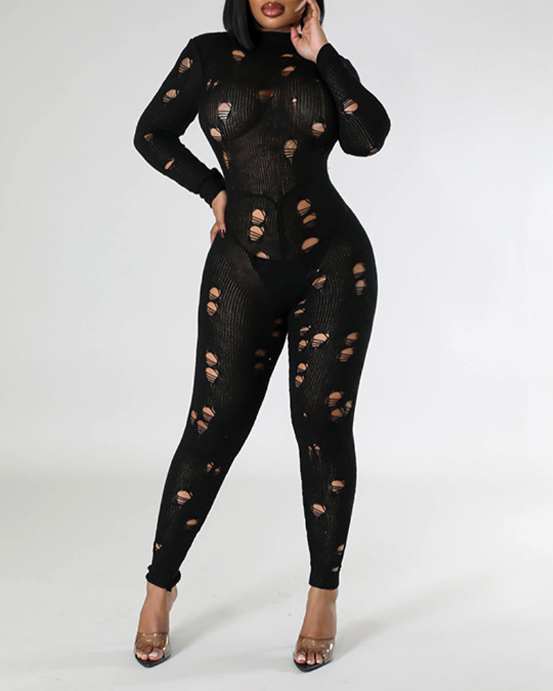 Long-Sleeved Knitted Holes In Slimming Jumpsuits