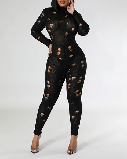 Long-Sleeved Knitted Holes In Slimming Jumpsuits
