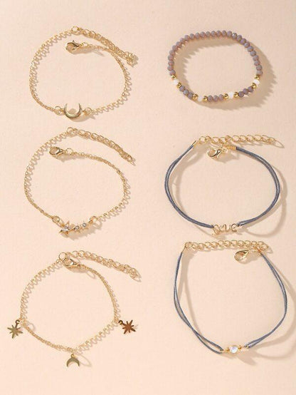 Star & Moon Assorted Bracelet Set - 6pcs for Women