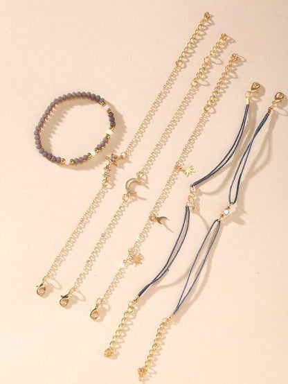 Star & Moon Assorted Bracelet Set - 6pcs for Women