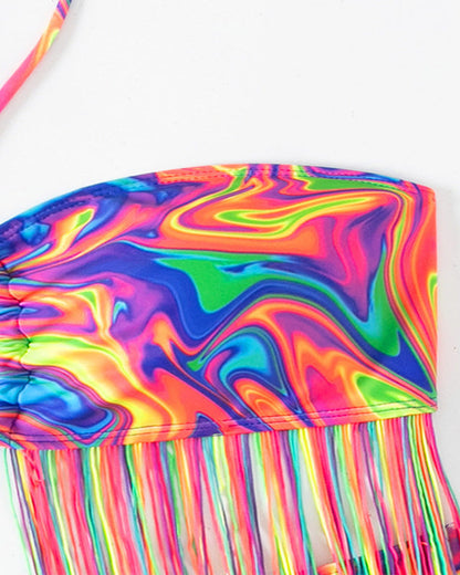 Printed Tassel Long-Sleeved Four-Piece Swimsuit