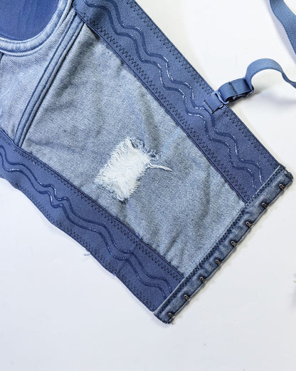 Distressed Denim Embellished Diamond Beaded Fringed Back Bandeau