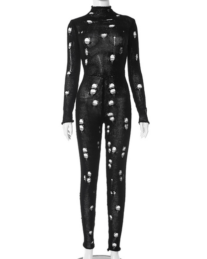 Long-Sleeved Knitted Holes In Slimming Jumpsuits