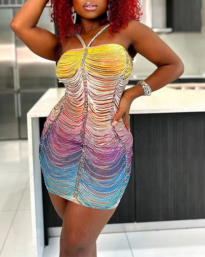 Printed Rhinestone Slim Fit Dress