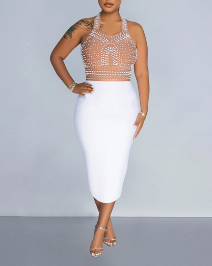 Mesh Rhinestone Halterneck Dress