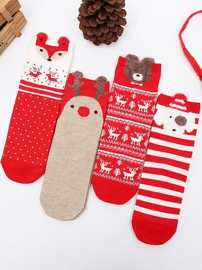 Crew Socks Party Christmas Gift Animal Multi Color Spandex Nylon Cotton Basic Casual Warm Cute 4 Pairs for Women