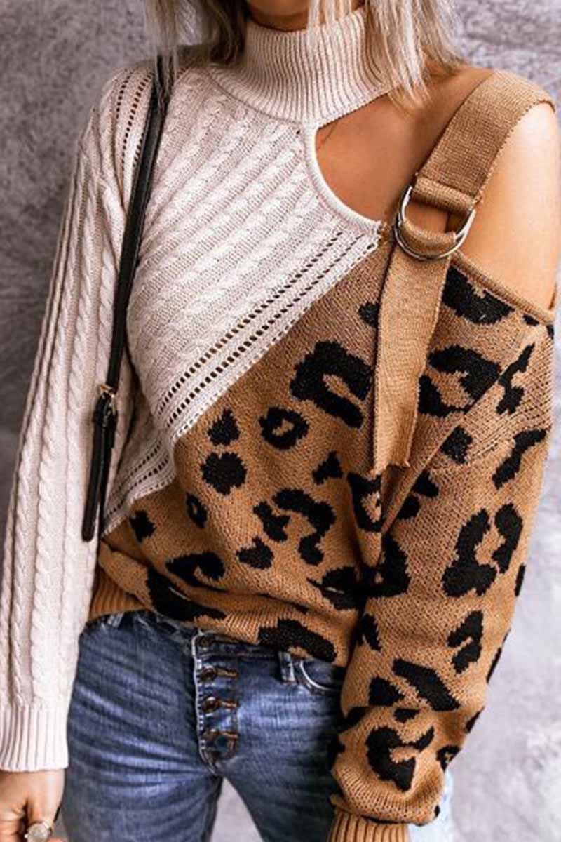 Turtleneck Leopard Print Patchwork Cold Sweater
