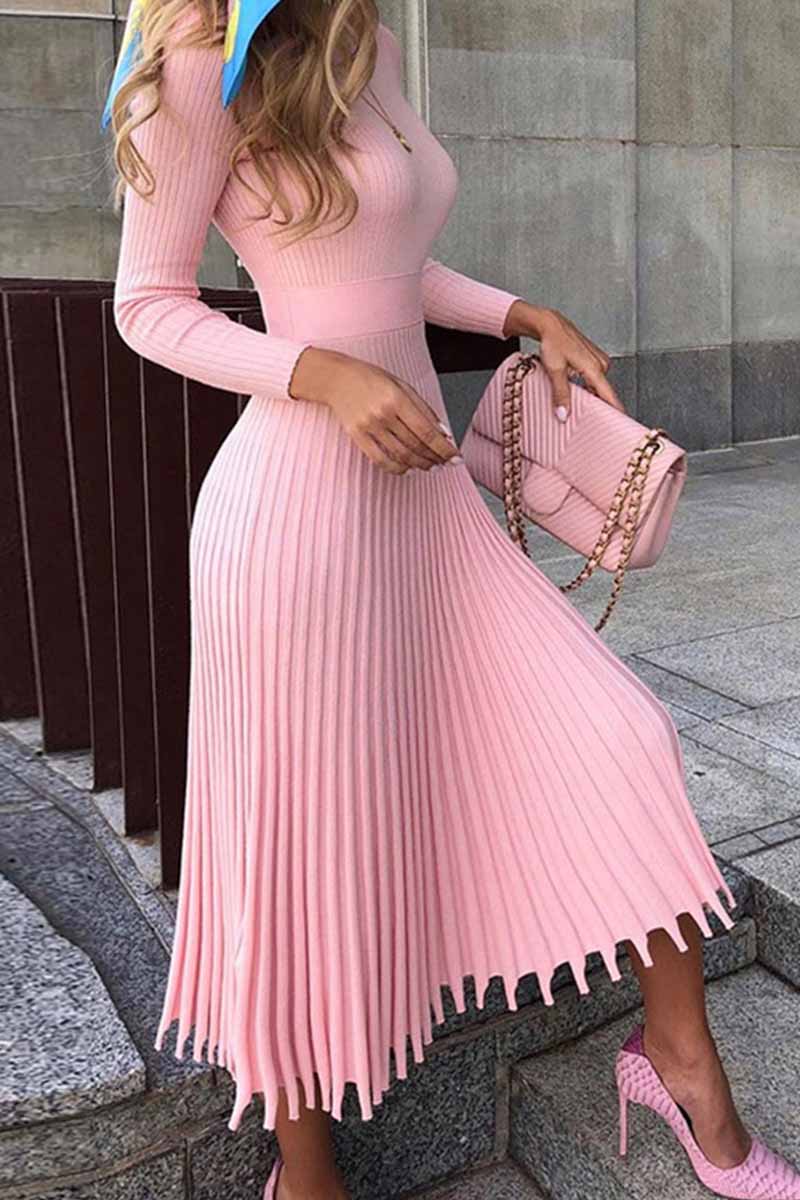 Solid Color Loose Pleated Knitted Midi Dresses