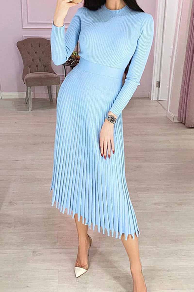 Solid Color Loose Pleated Knitted Midi Dresses