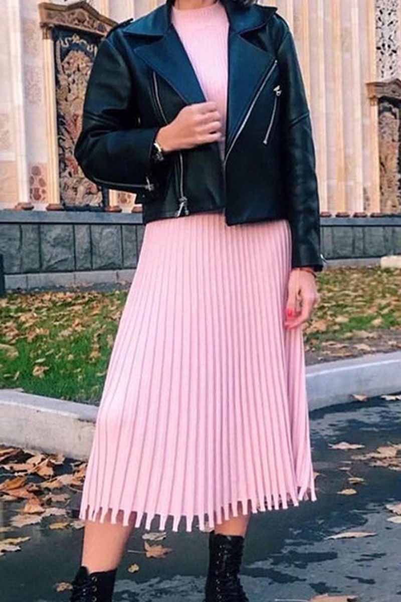 Solid Color Loose Pleated Knitted Midi Dresses