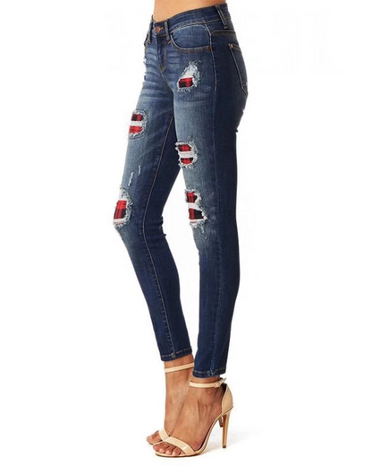 Leopard Print Ripped Patch Stretch Jeans
