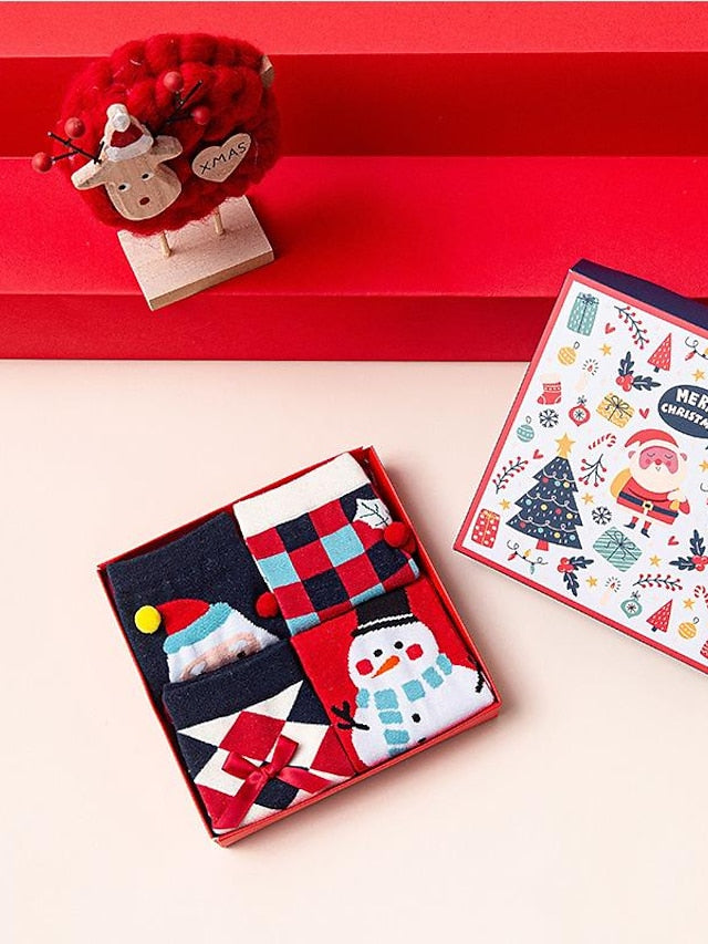 Crew Socks Party Christmas Gift Animal Spandex Cotton Basic Casual Classic Warm Cute 4 Pairs for Women