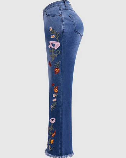 High-Stretch Embroidered Flared Jeans