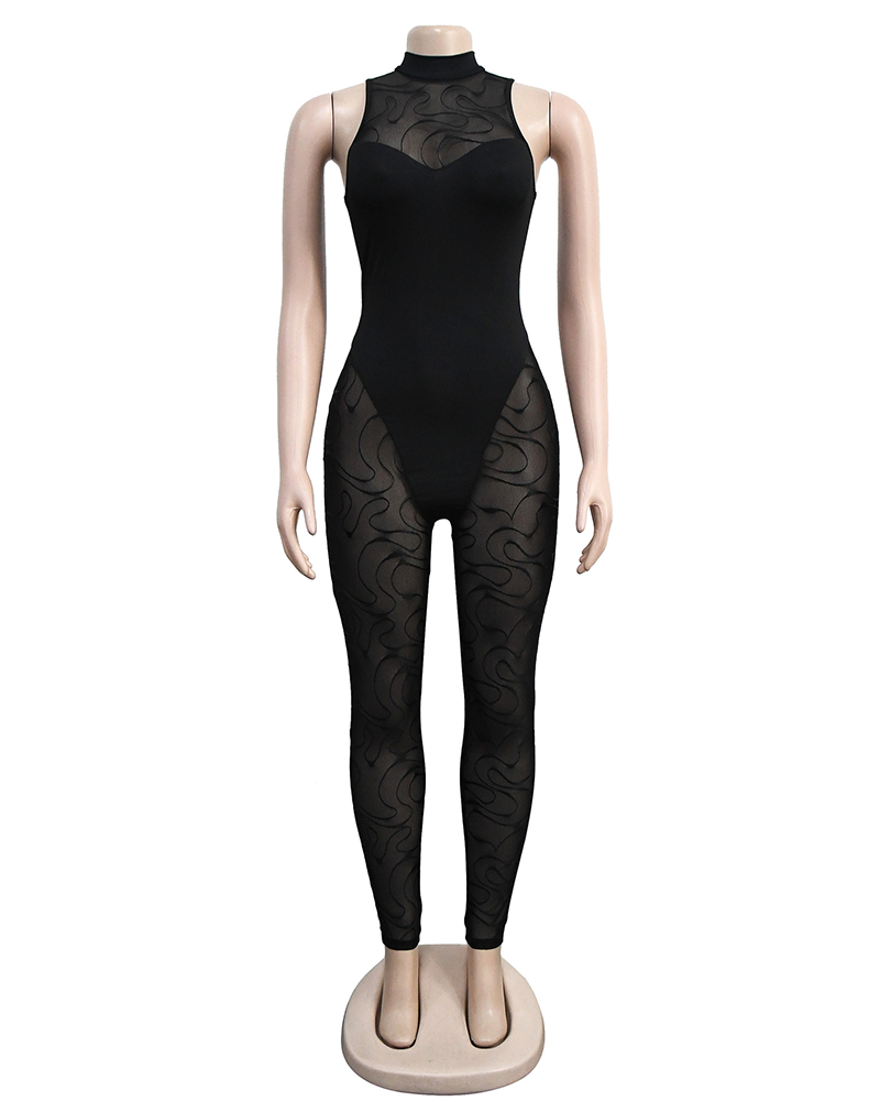 Solid Color Mesh Jumpsuit