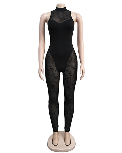 Solid Color Mesh Jumpsuit