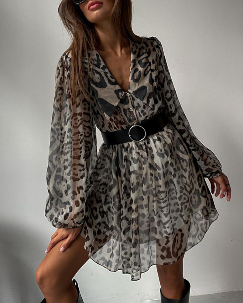 V Neck Long Sleeve Leopard Print Dress