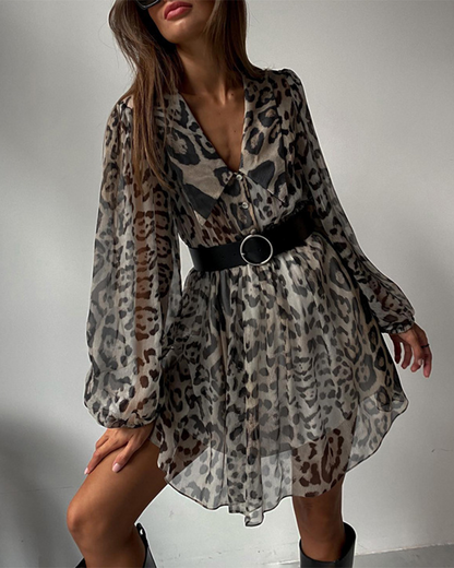 V Neck Long Sleeve Leopard Print Dress