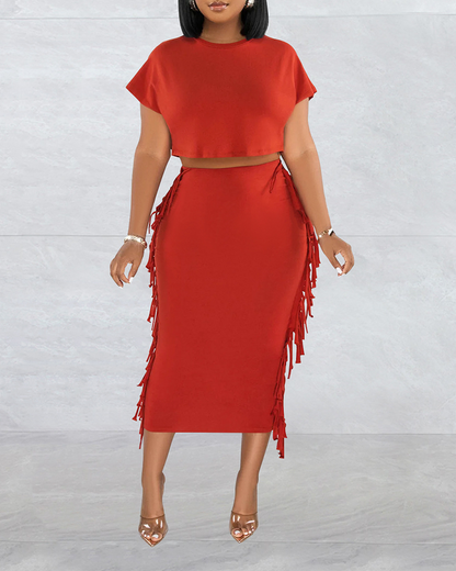 Fringed Crewneck Short-Sleeved Long Skirt Set