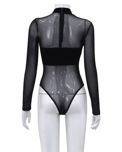 Mesh Velvet Patchwork Cross-Cut Tight Long-Sleeved Jumpsuit