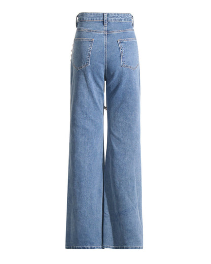 High-Waisted Diamond-Embellished Straight-Leg Trousers