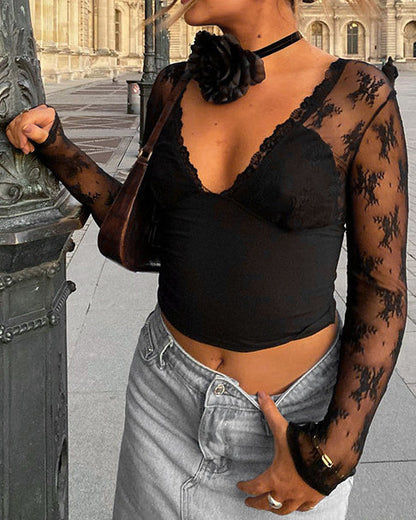 Solid Color Sexy Stitching Lace T-Shirt