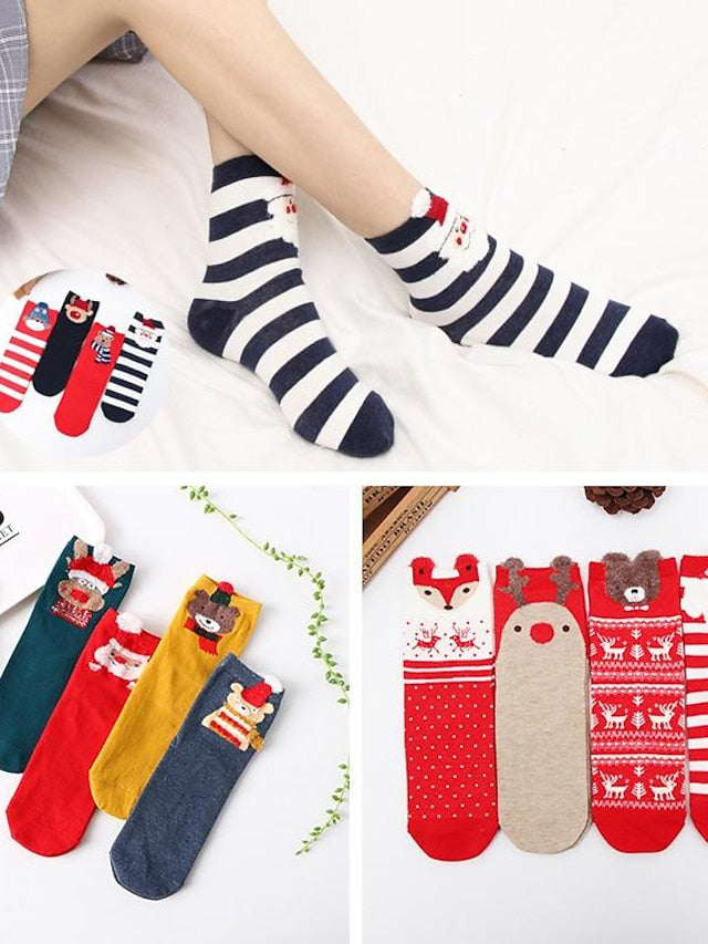 Crew Socks Party Christmas Gift Animal Multi Color Spandex Nylon Cotton Basic Casual Warm Cute 4 Pairs for Women