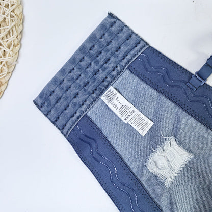 Distressed Denim Embellished Diamond Beaded Fringed Back Bandeau