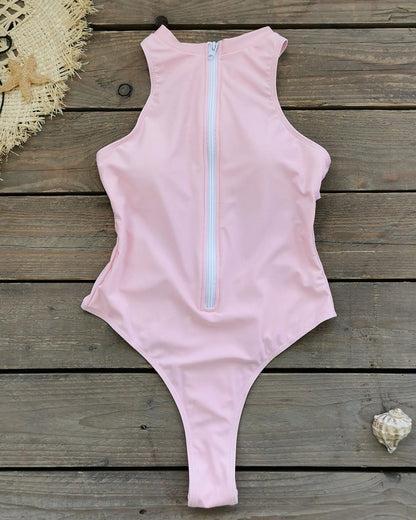 Solid Color Zipper Sleeveless Surfing One-Piece Swimsuit