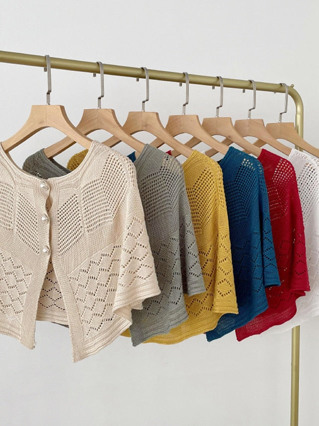 Solid Color Knitted Hollow Shawl Summer Air-conditioned Elegant Vest with Pearl Button Cape Sunscreen Fake Collar for Women