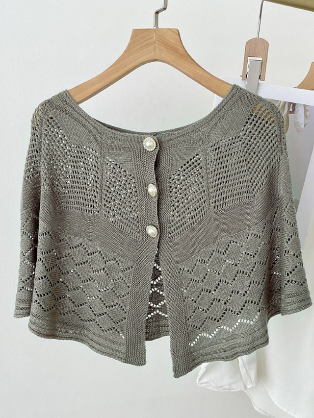 Solid Color Knitted Hollow Shawl Summer Air-conditioned Elegant Vest with Pearl Button Cape Sunscreen Fake Collar for Women