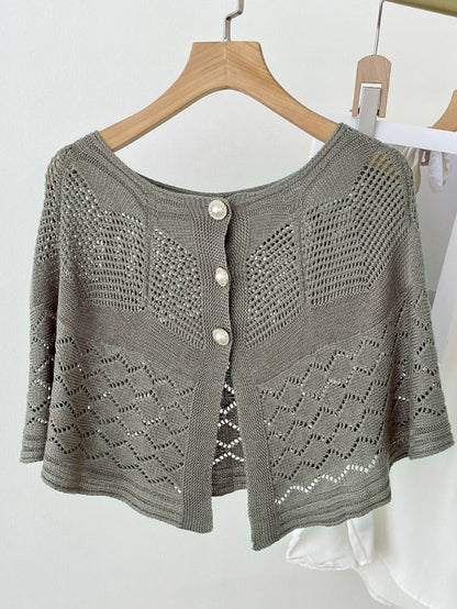 Solid Color Knitted Hollow Shawl Summer Air-conditioned Elegant Vest with Pearl Button Cape Sunscreen Fake Collar for Women